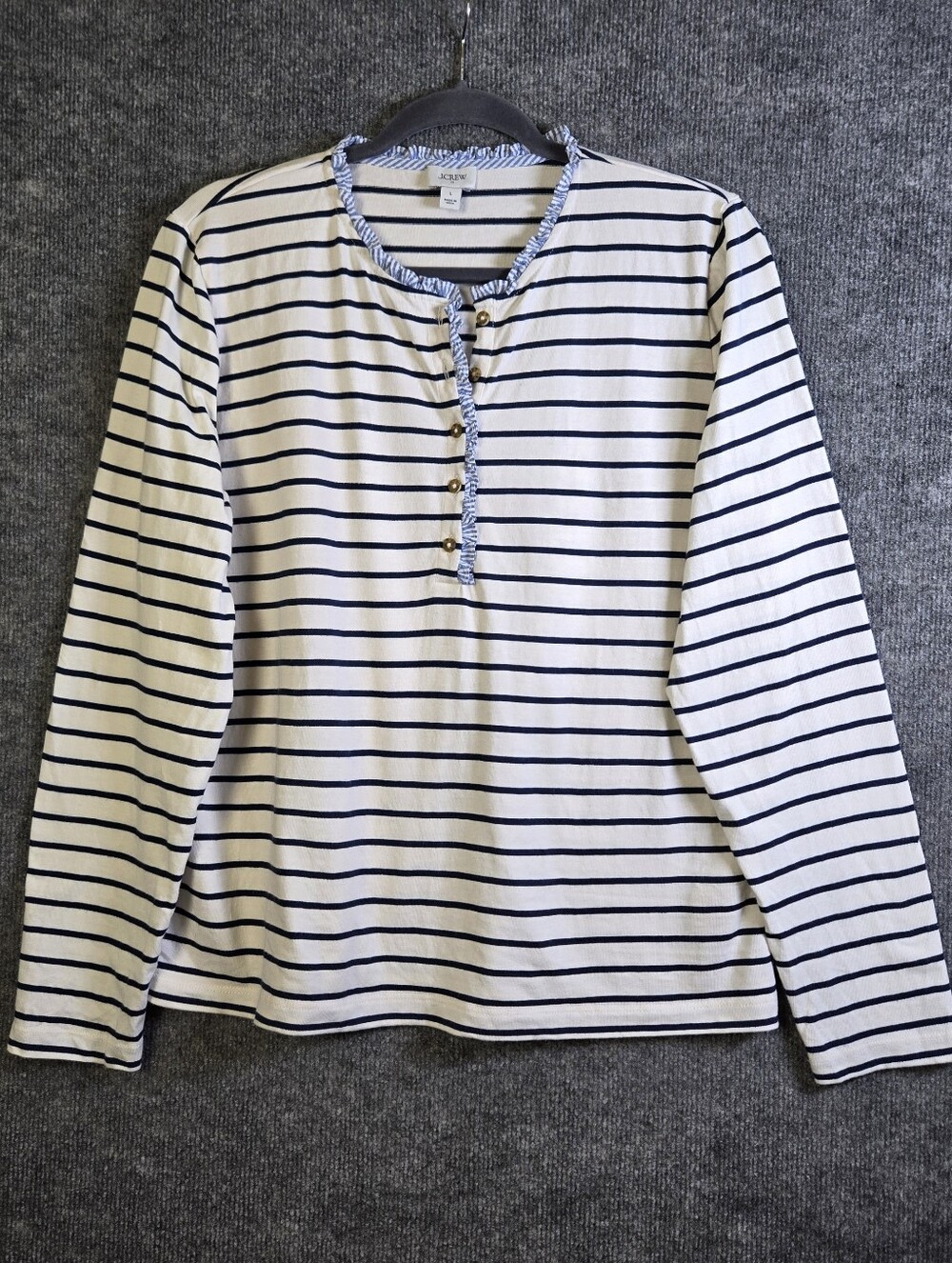 J Crew T Shirt Womens L Blue Stripe Cotton Contrast Ruffle Collar Henley
